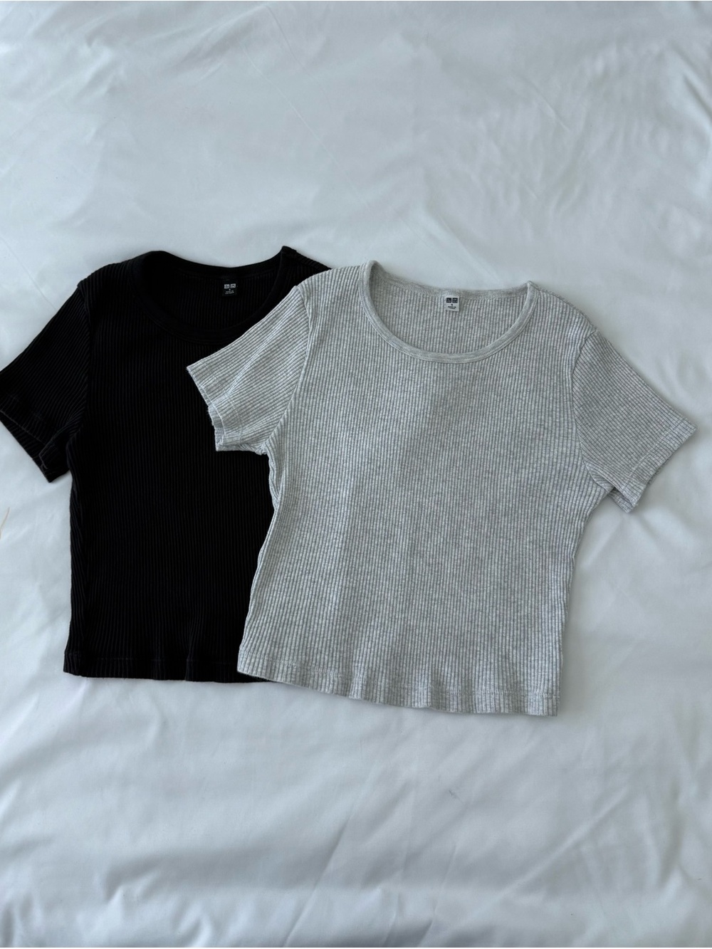 Uniqlo Ribbed Crewneck Crop Tees - Black & Light Gray